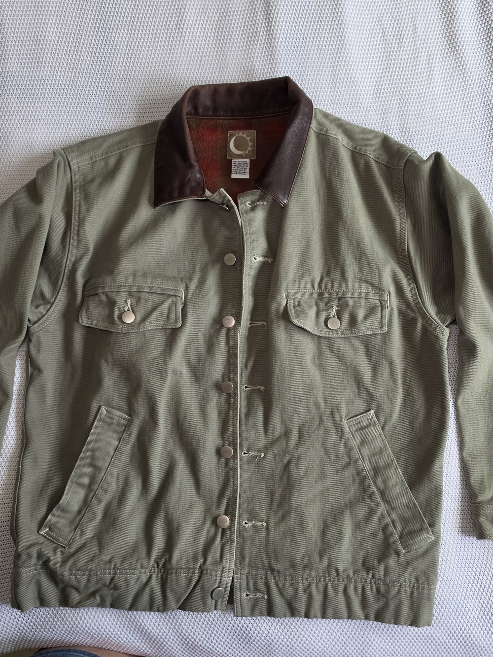 Vtg Malboro Green Cotton Jacket Brown Leather Point Collar Button Plaid Lining